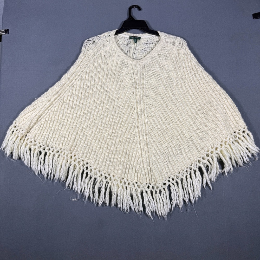 Lauren Ralph Lauren Women S/M Ivory Wool Blend Knit Fringe Poncho Boho Western